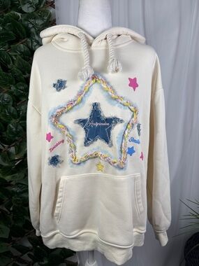 Aelfric Eden Cream Hoodie with Denim Star and Multicolor Trim